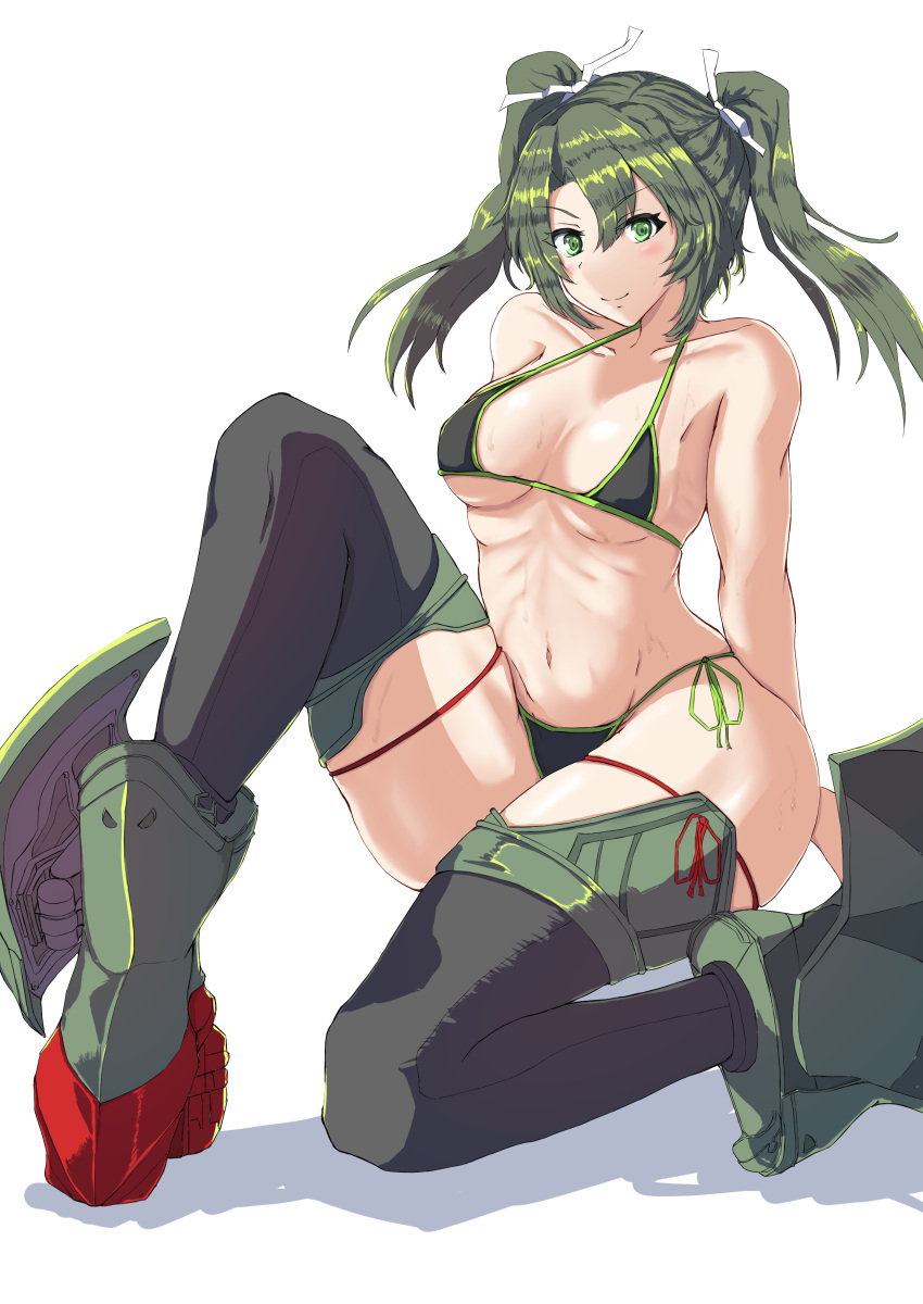 1girl absurdres bikini blush boots breasts collarbone dark_green_hair green_eyes hair_ribbon highres kantai_collection kurage_ituki long_hair looking_at_viewer navel ribbon side-tie_bikini smile swimsuit thigh_boots thighhighs twintails yellow_eyes zuikaku_(kancolle)