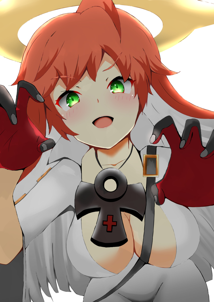absurdres ankh ankh_necklace bodysuit breasts cleavage cross gloves green_eyes guilty_gear guilty_gear_strive halo highres jack-o'_valentine jewelry looking_at_viewer necklace open_mouth red_hair white_bodysuit