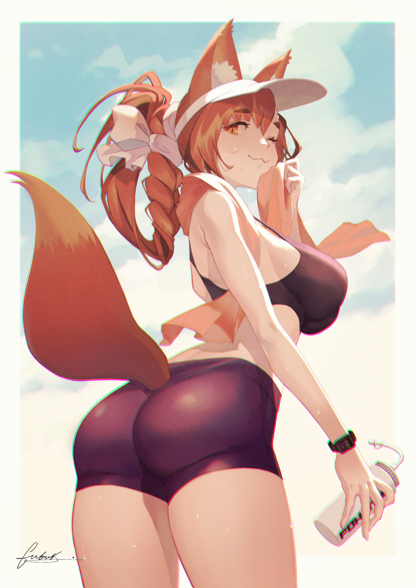 1girl :3 absurdres animal_ear_fluff animal_ears ass bangs black_shorts border bottle braid brown_hair closed_mouth commentary cowboy_shot english_commentary eyebrows_visible_through_hair fox_ears fox_tail from_behind fubuki_(fakemonkey0224) hand_up highres holding holding_bottle holding_towel huge_filesize long_hair looking_at_viewer orange_eyes orange_towel original outside_border short_shorts shorts signature solo sports_bra standing sweat tail thick_eyebrows tied_hair towel towel_around_neck visor_cap watch wiping_sweat wristwatch