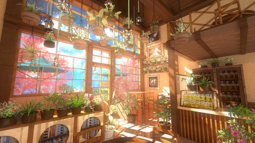 3d blue_sky bottle cabinet chair cherry_blossoms cloud day door fartiart hanging_light hanging_plant highres indoors interior leaf light_rays mixed-language_commentary no_humans original painting_(object) petals plant potted_plant reflection scenery shelf sky sunbeam sunlight table umbrella vines window wooden_floor