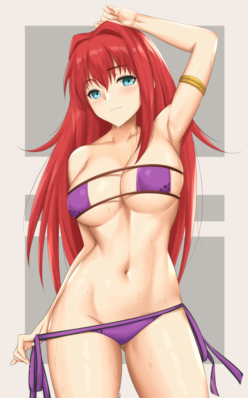 1girl aozaki_aoko aqua_eyes arciealbano arm_behind_head arm_up armlet armpits bangs bare_shoulders bikini bikini_pull blush breasts cleavage clothes_pull collarbone commentary_request cosplay eyebrows_visible_through_hair eyepatch_bikini fate/grand_order fate_(series) highres large_breasts long_hair looking_at_viewer mahou_tsukai_no_yoru minamoto_no_raikou_(fate) minamoto_no_raikou_(swimsuit_lancer)_(fate) minamoto_no_raikou_(swimsuit_lancer)_(fate)_(cosplay) navel purple_bikini red_hair smile solo sweat sweatdrop swimsuit thighs wet