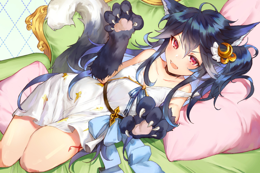 1girl ahoge animal_ears animal_hands bangs blue_hair blue_ribbon blush choker claws collarbone commentary_request couch crescent crescent_hair_ornament cushion dotted_line dress fang feet_out_of_frame fenrir_(shingeki_no_bahamut) granblue_fantasy hair_ornament highres long_hair looking_at_viewer lying on_side red_eyes ribbon sidelocks skin_fang sleeveless sleeveless_dress solo strap_slip tail white_dress wolf_ears yuntae