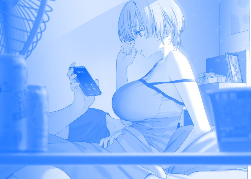 1boy 1girl alarm_clock bed blanket blue_theme breasts camisole can cellphone cleavage clock commentary_request electric_fan family_portrait getsuyoubi_no_tawawa gimai-chan's_stepbrother_(tawawa) gimai-chan_(tawawa) highres himura_kiseki large_breasts phone picture_frame short_hair smartphone strong_zero