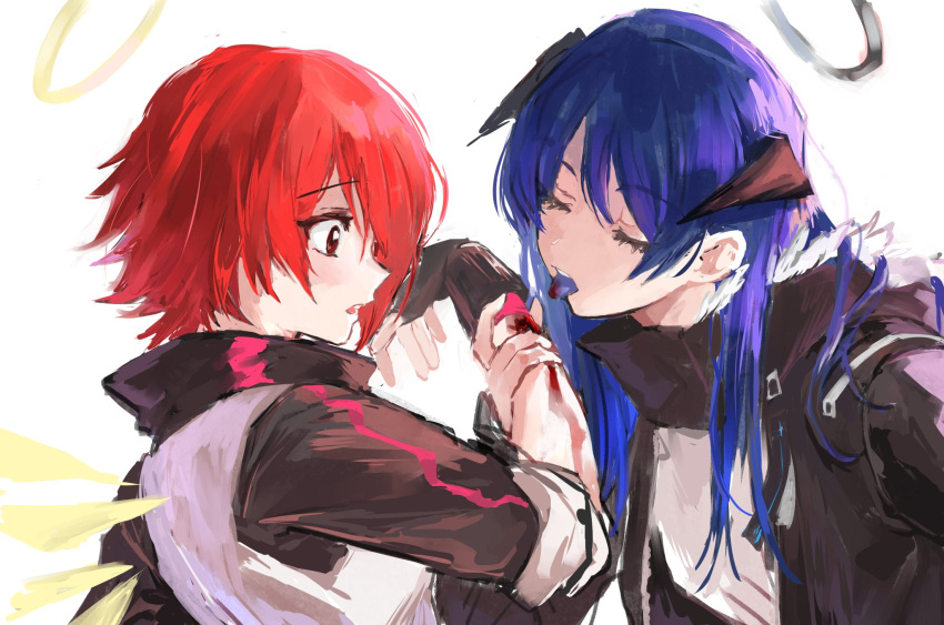 2girls arknights black_gloves black_jacket blood_on_arm blue_hair blue_tongue closed_eyes colored_tongue commentary_request demon_horns energy_wings exusiai_(arknights) eyebrows_visible_through_hair fingerless_gloves gloves halo hand_up highres horns injury jacket licking_arm licking_injury long_hair looking_at_another mostima_(arknights) multicolored multicolored_clothes multicolored_jacket multiple_girls na_tarapisu153 parted_lips profile red_eyes red_hair shirt short_hair simple_background sleeves_rolled_up tongue tongue_out two-tone_jacket upper_body white_background white_jacket white_shirt yuri