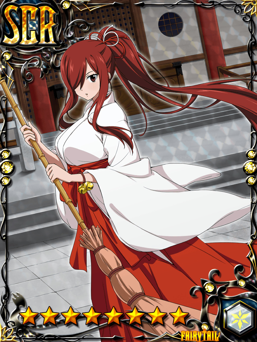 1girl breasts broom brown_eyes building card_(medium) copyright_name day erza_scarlet fairy_tail hair_over_one_eye highres holding holding_broom japanese_clothes large_breasts long_hair looking_at_viewer miko official_art outdoors ponytail red_hair solo standing star_(symbol)