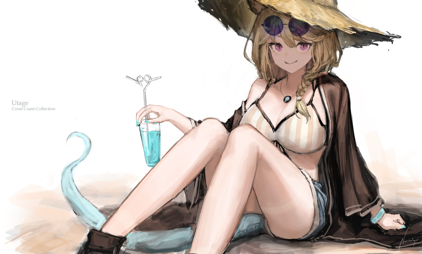 1girl arknights bare_shoulders blue_shorts breasts character_name commentary crazy_straw cup drink drinking_glass drinking_straw eyewear_on_head feet_out_of_frame hat heart_straw highres holding holding_cup knees_up large_breasts nashidrop off_shoulder official_alternate_costume purple_eyes short_hair short_shorts shorts silver_hair simple_background sitting solo sun_hat sunglasses tail thighs utage_(arknights) utage_(summer_flowers)_(arknights) white_background