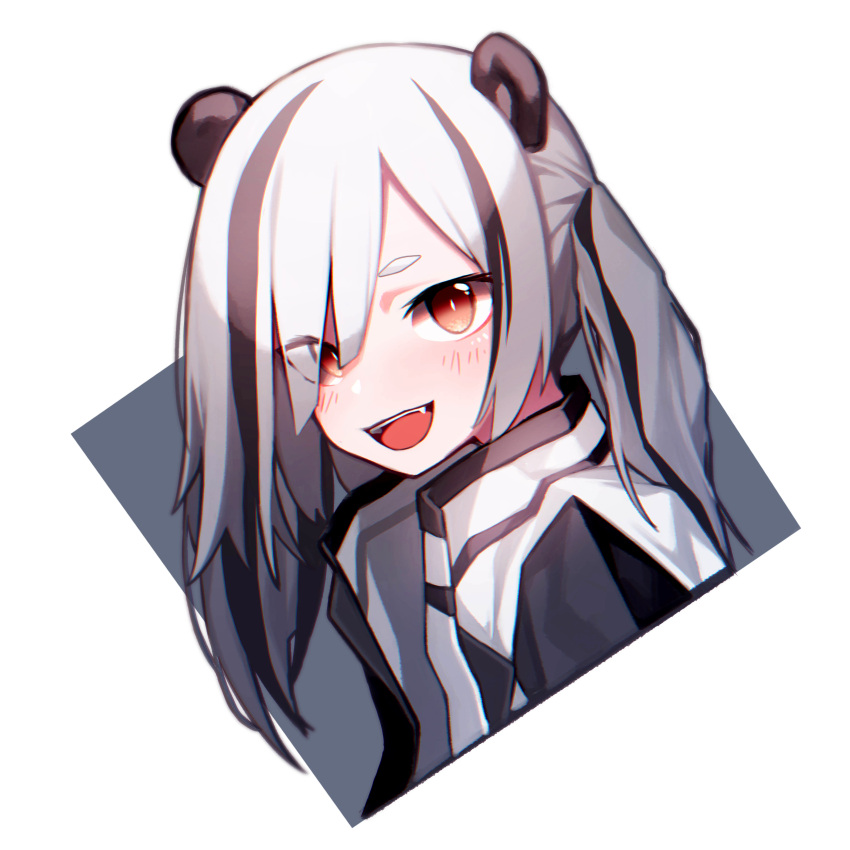 1girl :d absurdres animal_ears arknights beudelb black_hair black_jacket commentary eyes_visible_through_hair fang feater_(arknights) highres jacket korean_commentary long_hair looking_at_viewer multicolored multicolored_clothes multicolored_hair multicolored_jacket open_mouth panda_ears portrait red_eyes simple_background smile solo streaked_hair thick_eyebrows two-tone_jacket white_background white_hair white_jacket