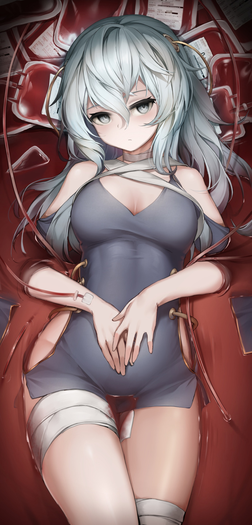 1girl absurdres bandaged_leg bandaged_neck bandages bare_shoulders blood blood_bag blue_dress breasts cleavage clothing_cutout commentary_request cowboy_shot dress girls'_frontline grey_eyes grey_hair hair_between_eyes hand_on_own_stomach highres intravenous_drip ka941 korean_commentary large_breasts long_hair looking_at_viewer lying messy_hair on_back pool_of_blood ribeyrolles_(girls'_frontline) short_dress shoulder_cutout side_cutout solo thighs