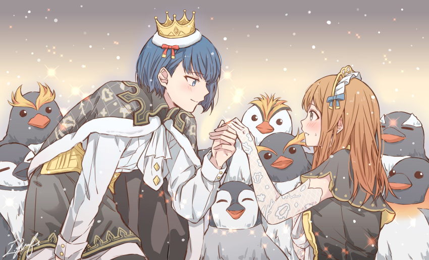 2girls a aiiro_bokujuu bird black_cape black_dress black_skirt blue_eyes blue_hair blush brown_hair cape character_request closed_mouth copyright_request crown dress elbow_gloves eye_contact eyebrows_visible_through_hair fur-trimmed_cape fur_trim gloves grey_eyes hair_behind_ear highres holding_hands lace lace_gloves long_hair long_sleeves looking_at_another mini_crown multiple_girls parted_lips penguin shirt short_hair skirt smile sparkle symbol-only_commentary tiara white_gloves white_shirt yuri