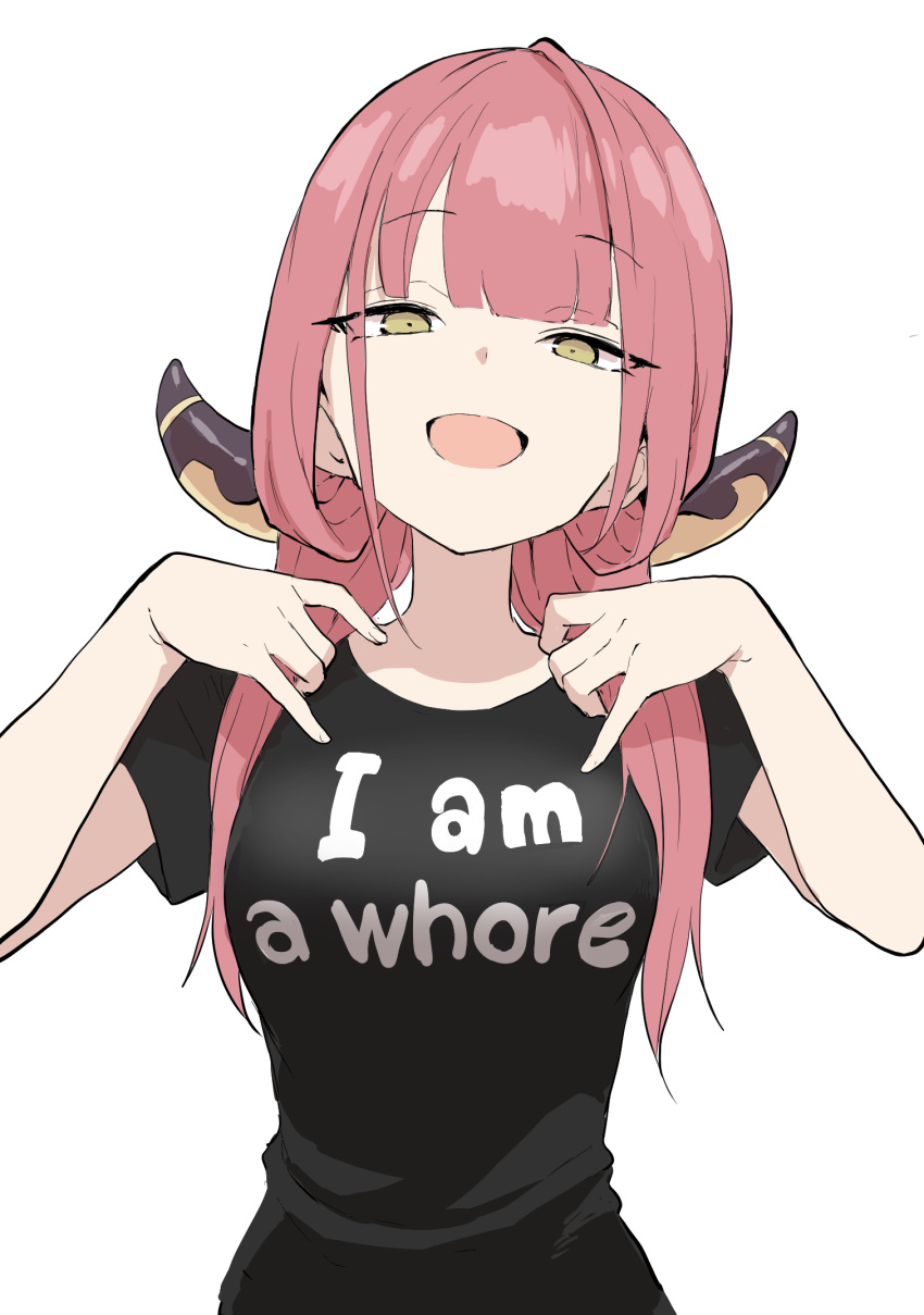 1girl :d alternate_costume aru_(blue_archive) bangs black_shirt blue_archive clothes_writing commentary_request english_text eyebrows_visible_through_hair fuck-me_shirt highres horns long_hair looking_at_viewer meme_attire nejiresyake open_mouth pink_hair print_shirt profanity shirt short_sleeves simple_background smile solo t-shirt upper_body white_background yellow_eyes