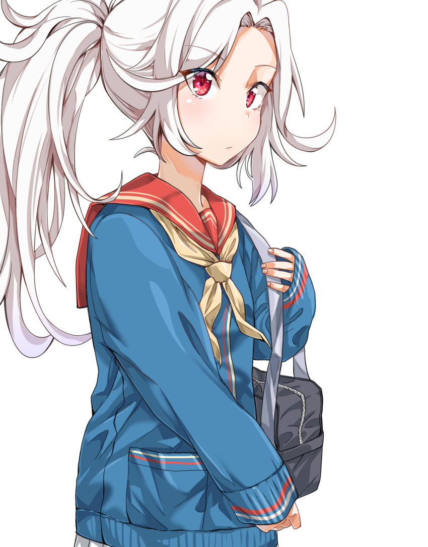 1girl alternate_costume alternate_hairstyle bag blue_sweater breasts commentary_request dulldull girls'_frontline hair_up highres korean_commentary long_hair long_sleeves looking_at_viewer makarov_(girls'_frontline) neckerchief ponytail red_eyes red_sailor_collar sailor_collar school_uniform serafuku shoulder_bag sleeves_past_wrists small_breasts solo sweater upper_body white_background white_hair yellow_neckwear