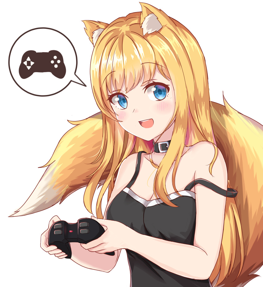 1girl absurdres animal_ears black_tank_top blonde_hair blush breasts cleavage collar commentary controller eyebrows_visible_through_hair fox_ears fox_girl fox_tail highres holding holding_controller loose medium_breasts open_mouth original purple_eyes smile solo speech_bubble strap_slip tail tank_top yoga_(29985496)