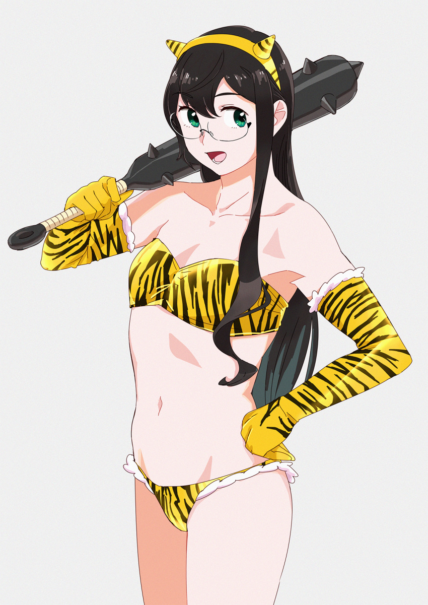 1girl animal_print bandeau bare_shoulders bikini black_hair breasts club_(weapon) collarbone cowboy_shot elbow_gloves glasses gloves green_eyes grey_background hair_between_eyes hairband hand_on_hip highres holding holding_weapon horns kanabou kantai_collection long_hair navel ojipon oni oni_horns ooyodo_(kancolle) open_mouth over_shoulder semi-rimless_eyewear sidelocks simple_background small_breasts solo spiked_club standing stomach strapless strapless_bikini swimsuit thighs tiger_print under-rim_eyewear weapon weapon_over_shoulder yellow_bikini yellow_gloves yellow_hairband