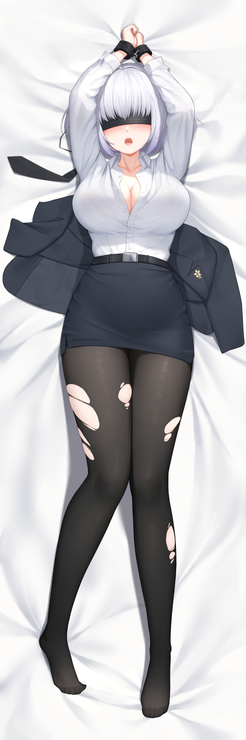 1girl absurdres belt black_belt black_blindfold black_legwear black_skirt blindfold bound bound_wrists breasts collared_shirt covered_eyes cuffs dakimakura_(medium) formal girls'_frontline handcuffs highres large_breasts long_sleeves lying miniskirt morridow_(girls'_frontline) office_lady on_back pantyhose pencil_skirt shirt short_hair skirt skirt_suit solo suit torn_clothes torn_legwear white_hair white_shirt wo_you_yibei_jia_wanli