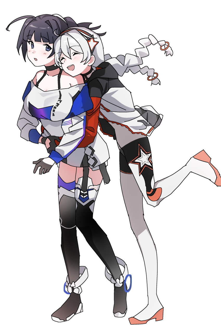 2girls :d :o absurdres antenna_hair bangs black_footwear black_gloves boots braid full_body gloves hair_between_eyes highres hm_mono honkai_(series) honkai_impact_3rd hug hug_from_behind jacket kiana_kaslana kiana_kaslana_(white_comet) long_hair long_sleeves multiple_girls open_mouth ponytail purple_eyes purple_hair raiden_mei raiden_mei_(striker_fulminata) shirt simple_background smile thigh_boots thighhighs twin_braids white_background white_hair white_jacket white_shirt