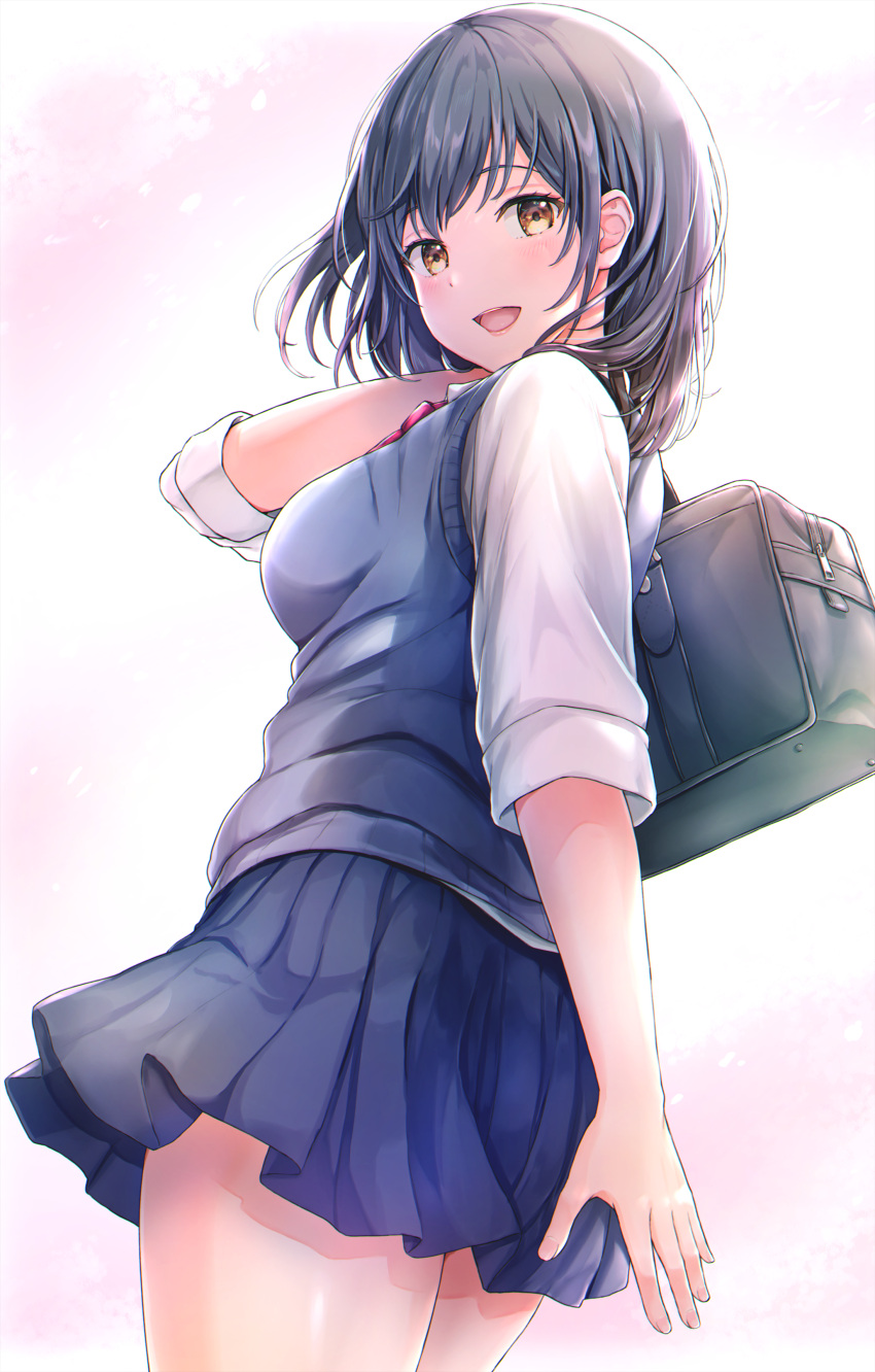 1girl absurdres bag bangs black_hair blue_skirt blue_vest brown_eyes commentary english_commentary from_below highres holding holding_bag looking_at_viewer looking_back medium_hair open_mouth original pleated_skirt school_uniform shirt skirt solo tokeshi vest white_shirt