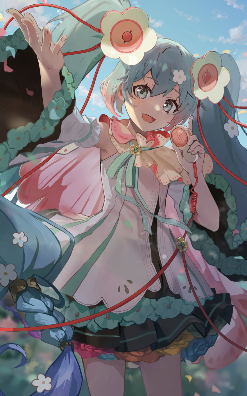 1girl absurdres aqua_eyes aqua_flower aqua_hair aqua_neckwear armpits black_skirt blue_flower blue_hair blurry blurry_background braid cable cape commentary cowboy_shot day detached_sleeves dress flower hair_flower hair_ornament hand_up hatsune_miku highres holding holding_microphone long_hair looking_at_viewer magical_mirai_(vocaloid) medallion microphone neck_ribbon orange_flower outdoors purple_flower red_flower ribbon saz8720 skirt sleeveless sleeveless_dress smile solo speaker standing twin_braids twintails very_long_hair vocaloid white_cape white_dress white_sleeves yellow_flower