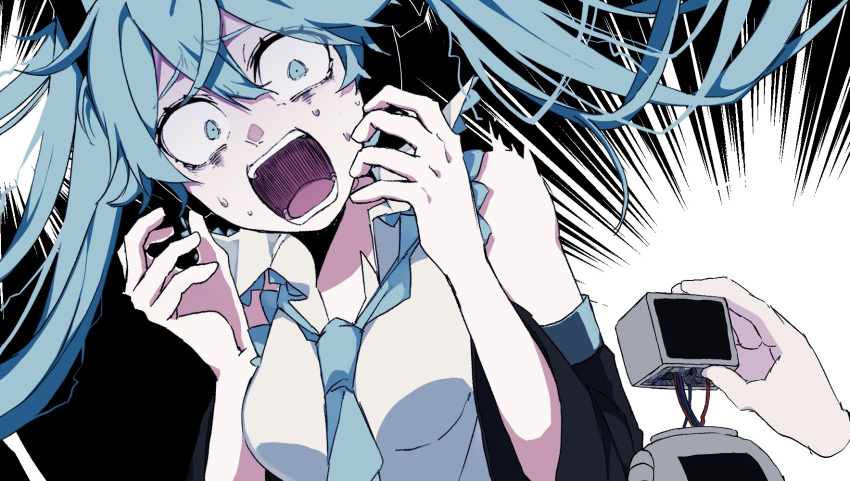 1girl aqua_hair aqua_neckwear bare_arms big_eyes blue_eyes breasts collared_shirt cropped_torso detached_sleeves eiku eyelashes facing_away framed_breasts hair_between_eyes hands_up hatsune_miku high_collar highres long_hair machine necktie number_tattoo o_o open_mouth pale_skin scared shirt sleeveless sleeveless_shirt solo sweatdrop tattoo teeth twintails vocaloid white_shirt wide-eyed wire