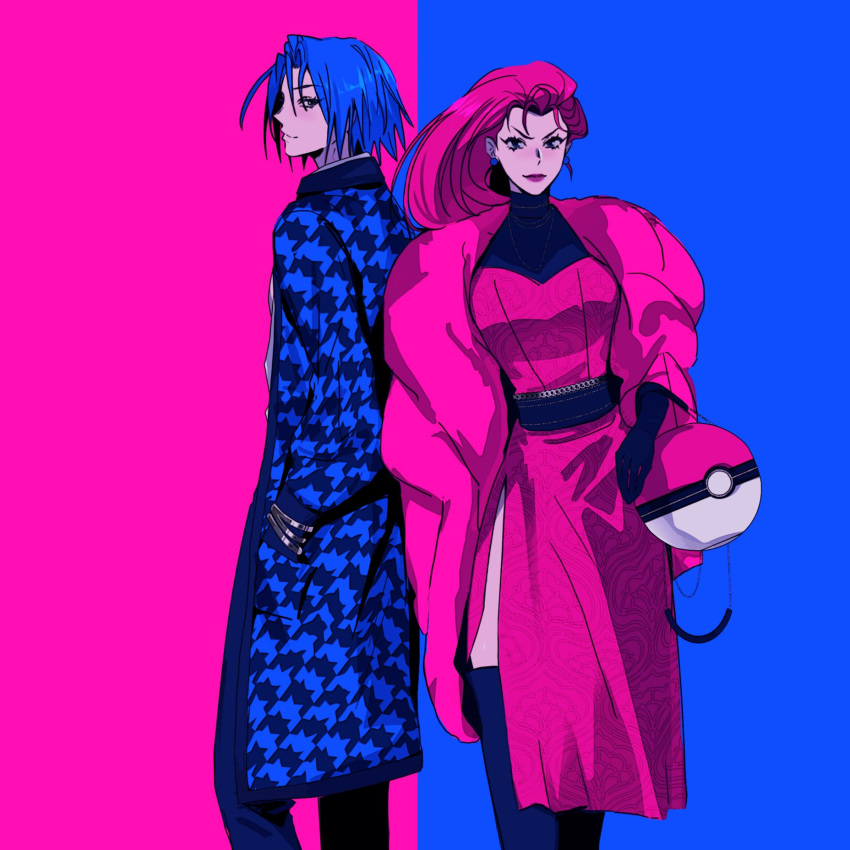1boy 1girl blue_background blue_hair breasts closed_mouth contrast dress earrings english_commentary fashion feet_out_of_frame hands_in_pockets highres houndstooth james_(pokemon) jessie_(pokemon) jewelry pink_background pink_dress pink_hair poke_ball_symbol pokemon pokemon_(anime) sinful_hime team_rocket thighhighs