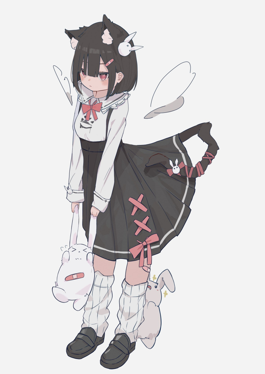 &gt;_&lt; 1girl animal_ear_fluff animal_ears bandaid bangs black_footwear black_hair blunt_bangs bow bunny bunny_hair_ornament cat_ears cat_tail clothes_lift ear_pull expressionless frilled_shirt_collar frills hair_ornament hairclip highres long_sleeves medium_hair oreoreoreo original red_eyes ribbon simple_background skirt skirt_lift socks solo tail white_background wings