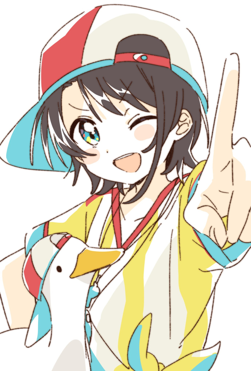 1girl :d bangs baseball_cap bird black_hair blue_eyes duck eyebrows_visible_through_hair hat highres hololive index_finger_raised looking_at_viewer multicolored multicolored_clothes multicolored_eyes multicolored_headwear namori one_eye_closed oozora_subaru open_mouth shirt smile striped striped_shirt swept_bangs upper_teeth vertical-striped_shirt vertical_stripes virtual_youtuber