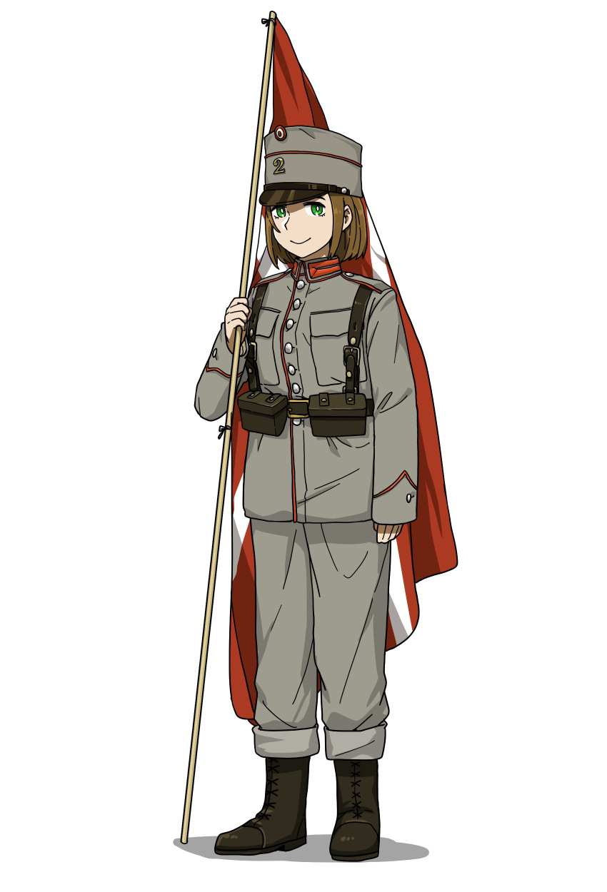 1girl absurdres anyan_(jooho) belt_pouch black_footwear boots brown_hair closed_mouth danish_flag flag full_body green_eyes grey_headwear grey_jacket grey_pants hat highres holding holding_flag jacket long_sleeves looking_at_viewer military military_uniform original pants pouch simple_background smile solo standing uniform white_background world_war_i