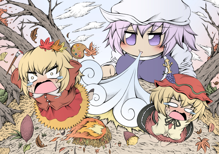 3girls aki_minoriko aki_shizuha autumn_leaves bangs barefoot blonde_hair blowing blue_sky blush branch breasts brooch buttons campfire commentary crying crying_with_eyes_open day dress fire food frilled_dress frills fruit_hat_ornament giant giantess grape_hat_ornament grass hair_ornament hat hidefu_kitayan highres jewelry large_breasts leaf_hair_ornament letty_whiterock long_sleeves medium_breasts mob_cap multiple_girls orange_eyes orange_shirt orange_skirt outstretched_arms paintbrush palette_(object) purple_eyes purple_hair scared shirt short_hair siblings sisters skirt sky solid_oval_eyes sweat sweating_profusely sweet_potato tears touhou tree twig white_headwear wing_collar yellow_shirt