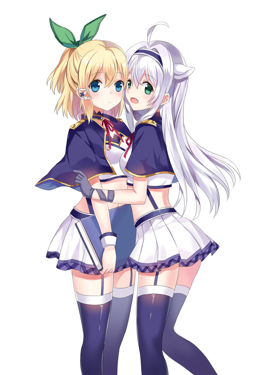 2girls :d absurdres ahoge alzano_school_uniform blonde_hair blue_capelet blue_eyes blue_hairband blue_legwear blush bow capelet crop_top detached_collar floating_hair garter_straps gloves green_bow green_eyes grey_gloves guaizi hair_bow hair_intakes hairband highres long_hair midriff miniskirt multiple_girls navel neck_ribbon open_mouth pleated_skirt red_ribbon ribbon rokudenashi_majutsu_koushi_to_akashic_record rumia_tingel school_uniform shiny shiny_clothes shiny_hair shiny_legwear silver_hair simple_background sistine_fiber skirt smile standing stomach suspender_skirt suspenders thighhighs tied_hair very_long_hair white_background white_skirt zettai_ryouiki