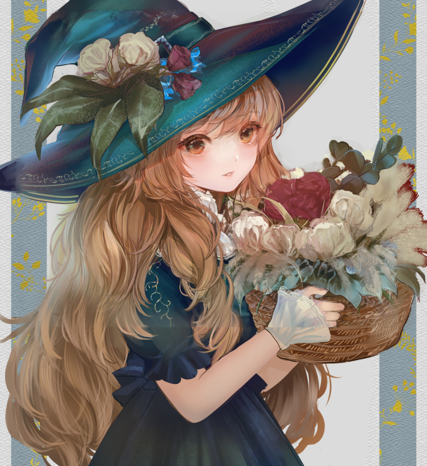 1girl basket black_dress blue_dress blue_headwear brown_eyes brown_hair dress dried_flower flower flower_basket hat hat_flower highres holding holding_basket komirihikku long_hair original parted_lips short_sleeves solo witch witch_hat