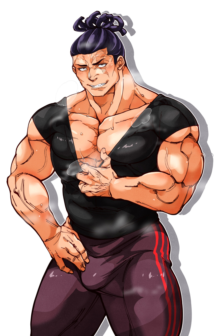 1boy abs absurdres bara beckoning black_eyes black_hair black_shirt breath bulge clothes_pull collarbone come_hither feet_out_of_frame highres jujutsu_kaisen kizami_nori_to_yamaimo large_pectorals male_focus mature_male muscular muscular_male nipples pants pectoral_cleavage pectorals seductive_smile shirt shirt_pull short_hair sideburns sleeveless sleeveless_shirt smile smirk solo stomach sweat thick_thighs thighs tied_hair tight tight_shirt toudou_aoi_(jujutsu_kaisen) track_pants veins