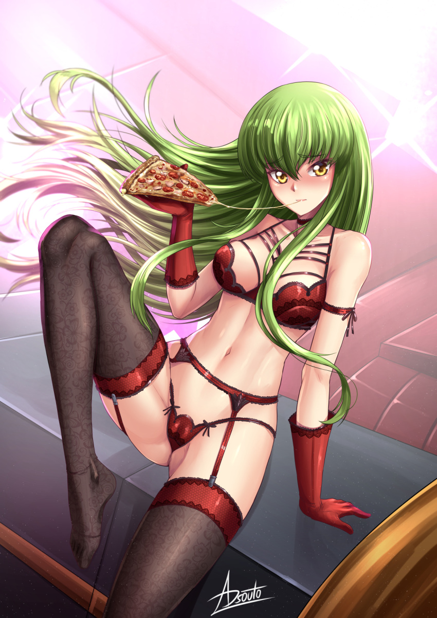 1girl adsouto animal_print arm_strap arm_support bangs black_legwear blush bra breasts butterfly_print c.c. choker closed_mouth code_geass collarbone eating embarrassed eyebrows_visible_through_hair floating_hair floral_print food garter_belt gloves green_hair hair_between_eyes highres holding holding_food lingerie long_hair looking_at_viewer medium_breasts navel panties pizza red_bra red_gloves red_panties shiny shiny_hair signature sitting solo straight_hair underwear underwear_only very_long_hair yellow_eyes