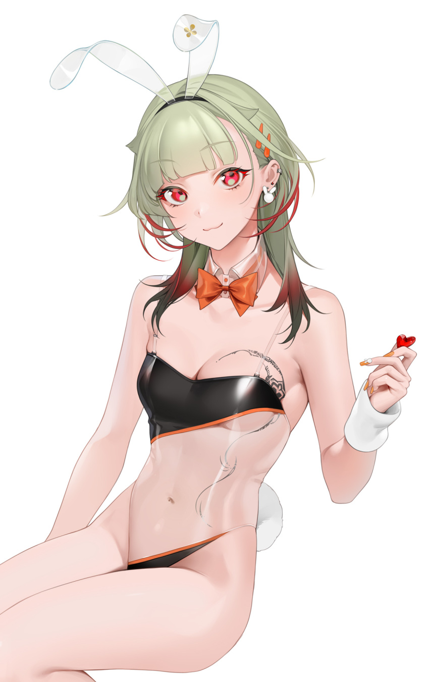 1girl :3 animal_ears azur_lane bangs bare_shoulders blunt_bangs blush bow bowtie breast_tattoo breasts bunny_earrings cleavage closed_mouth collarbone detached_collar ear_piercing earrings eyebrows_visible_through_hair fake_animal_ears fake_tail fingernails giuseppe_garibaldi_(azur_lane) gradient_hair green_hair heart highleg highleg_leotard highres holding holding_heart invisible_chair jewelry leotard long_fingernails multicolored_hair nail_polish navel ohisashiburi orange_bow orange_nails orange_neckwear piercing rabbit_ears red_eyes red_hair see-through simple_background sitting smile solo stomach symbol-only_commentary tail tattoo white_background wrist_cuffs