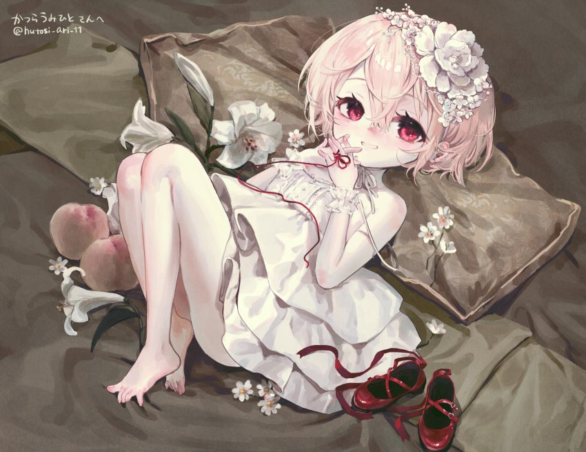 1girl anal_(arinosumuki) bare_shoulders barefoot blush character_request dress feet flower food fruit full_body hair_between_eyes hair_flower hair_ornament highres interlocked_fingers knees_up lily_(flower) lolita_fashion looking_at_viewer lying on_back own_hands_together parted_lips peach pillow red_eyes red_footwear shoes shoes_removed short_hair silver_hair sleeveless sleeveless_dress smile solo strapless strapless_dress string string_around_finger string_of_fate toes ukagaka white_dress wrist_cuffs