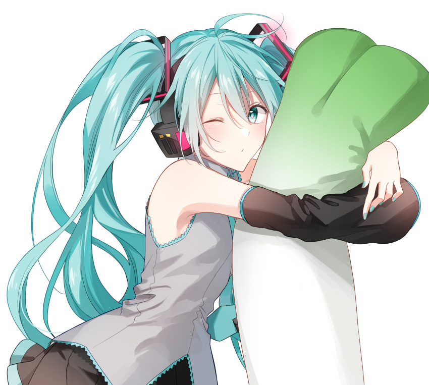 1girl aqua_eyes aqua_hair aqua_nails aqua_neckwear bare_shoulders black_skirt black_sleeves commentary detached_sleeves grey_shirt hair_ornament hatsune_miku headphones highres long_hair looking_at_viewer lying miniskirt nail_polish nanace_0 necktie object_hug on_side one_eye_closed pleated_skirt shirt skirt sleeveless sleeveless_shirt solo spring_onion stuffed_toy twintails upper_body very_long_hair vocaloid white_background