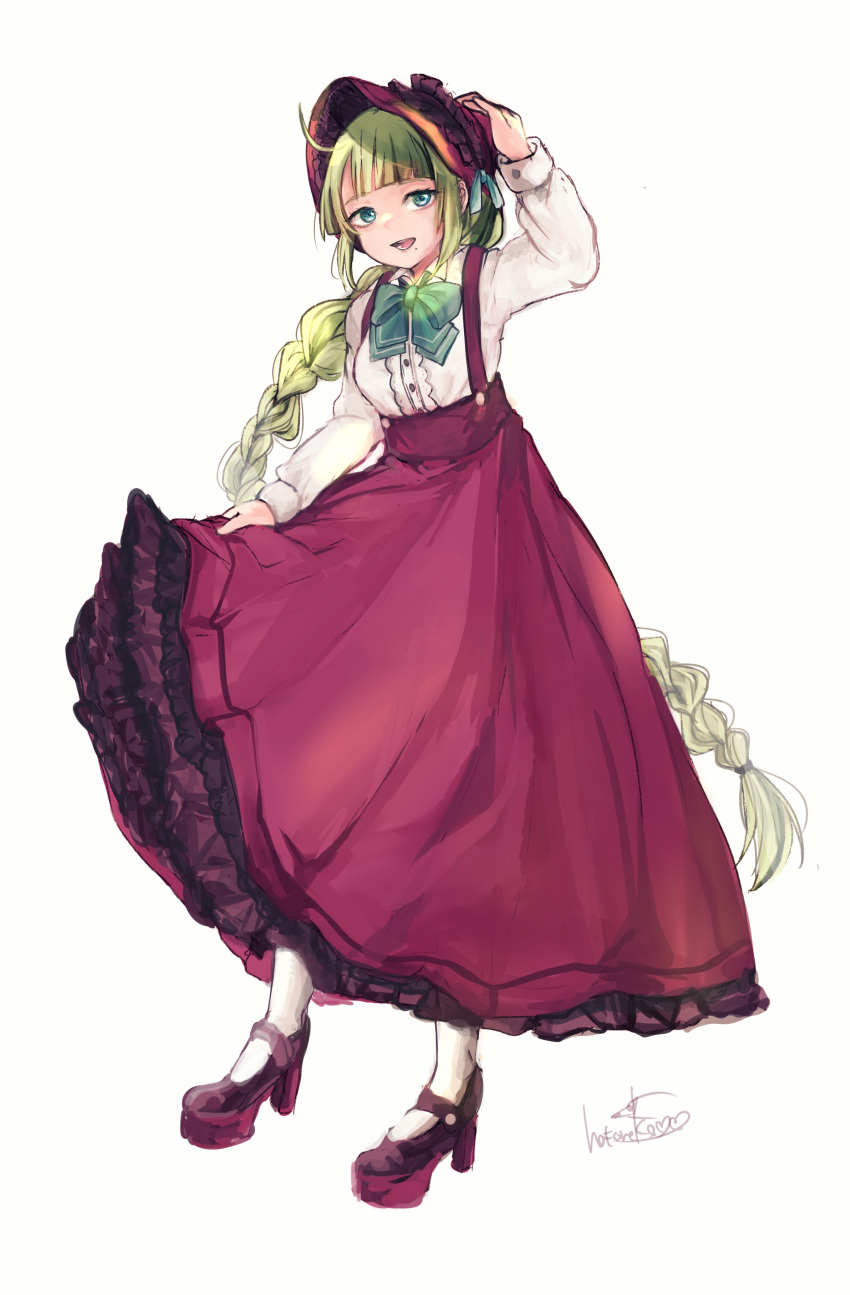 1girl absurdres adapted_costume ahoge alternate_costume blue_eyes braid dress dress_shirt frilled_dress frills full_body green_hair green_neckwear hatoneko highres kantai_collection lolita_fashion long_hair long_sleeves looking_at_viewer mary_janes mole mole_under_mouth one-hour_drawing_challenge open_mouth platform_footwear purple_dress shirt shoes single_braid solo very_long_hair white_shirt yuugumo_(kancolle)