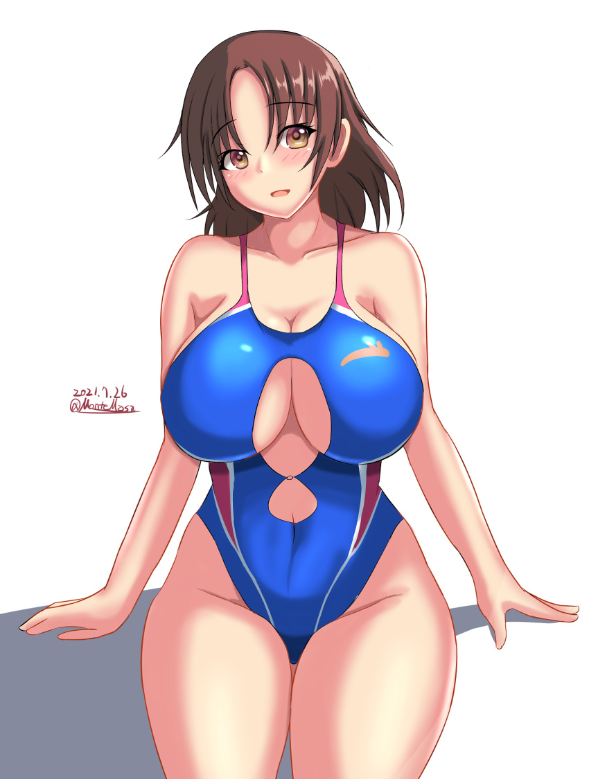breasts brown_eyes brown_hair chiyoda_(kancolle) cleavage competition_swimsuit dated highres kantai_collection large_breasts medium_hair montemasa on_floor one-piece_swimsuit shadow signature smile swimsuit underboob white_background