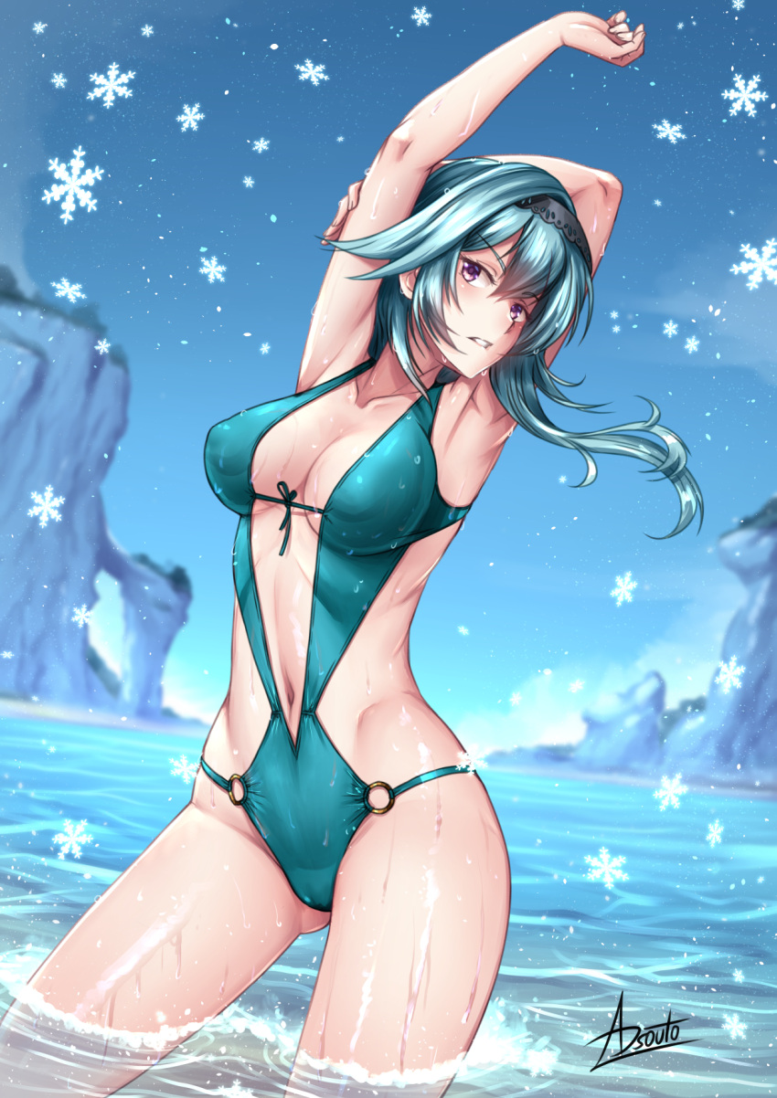 1girl adsouto aqua_swimsuit armpits arms_up ass_visible_through_thighs blue_hair blue_sky blurry blurry_background breasts casual_one-piece_swimsuit cleavage cloud collarbone day eula_(genshin_impact) floating_hair genshin_impact grey_hairband hairband highres large_breasts long_hair looking_at_viewer navel o-ring o-ring_swimsuit ocean one-piece_swimsuit outdoors revealing_clothes shiny shiny_hair shiny_skin signature sky solo standing swimsuit wading