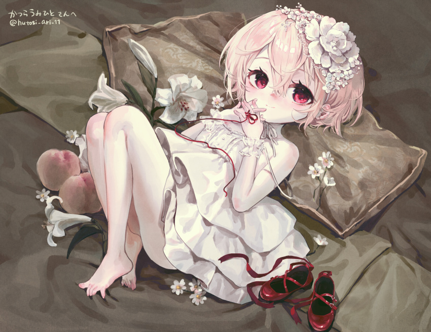 1girl anal_(arinosumuki) bare_shoulders barefoot blush character_request closed_mouth dress feet flower food fruit full_body hair_between_eyes hair_flower hair_ornament highres interlocked_fingers knees_up lily_(flower) lolita_fashion looking_at_viewer lying on_back own_hands_together peach pillow red_eyes red_footwear shoes shoes_removed short_hair silver_hair sleeveless sleeveless_dress smile solo strapless strapless_dress string string_around_finger string_of_fate toes ukagaka white_dress wrist_cuffs