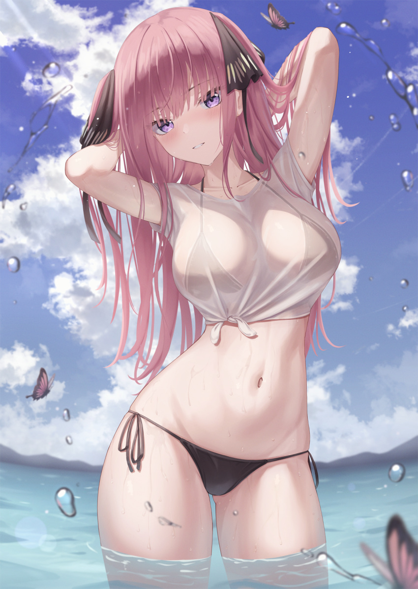 1girl arms_behind_head arms_up ass_visible_through_thighs bikini black_bikini breasts bug butterfly cloud collarbone commentary cowboy_shot crop_top day front-tie_top go-toubun_no_hanayome hair_ribbon halter_top halterneck highres large_breasts long_hair looking_at_viewer marinesnow nakano_nino navel outdoors parted_lips pink_hair purple_eyes ribbon see-through shirt short_sleeves side-tie_bikini smile solo standing stomach string_bikini sunlight swimsuit two_side_up wading water wet wet_clothes wet_shirt white_shirt