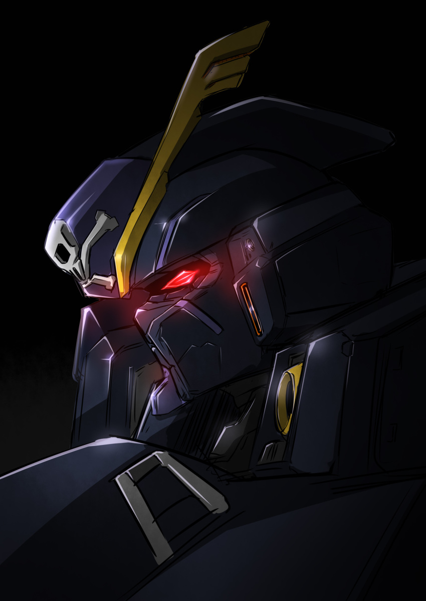 absurdres black_background crossbone_gundam crossbone_gundam_x-2 from_side fujikusa glowing glowing_eye gundam highres mecha mobile_suit no_humans red_eyes science_fiction skull_and_crossbones solo v-fin