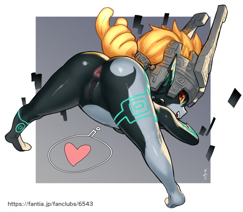 1girl anus anus_peek arm_tattoo ass black_skin colored_sclera colored_skin commentary glowing_tattoo helmet jack-o'_challenge kawakami_rokkaku leg_tattoo long_hair long_pointy_ears looking_at_viewer looking_back midna multicolored multicolored_hair multicolored_skin no_pussy nude orange_hair pointy_ears prehensile_hair presenting pussy short_stack smile solo spread_legs tattoo the_legend_of_zelda the_legend_of_zelda:_twilight_princess thighs top-down_bottom-up two-tone_skin white_skin yellow_sclera