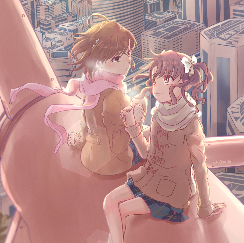 2girls astuffds beige_coat beige_jacket bow brown_eyes brown_hair building_block coat commentary fist_bump hair_ornament highres landscape looking_at_another misaka_mikoto multiple_girls outdoors plaid plaid_skirt pleated_skirt scarf scenery school_uniform shirai_kuroko sitting skirt toaru_kagaku_no_railgun toaru_majutsu_no_index toaru_majutsu_no_index:_genesis_testament tokiwadai_school_uniform twintails white_bow wind wind_turbine winter_clothes winter_coat winter_uniform