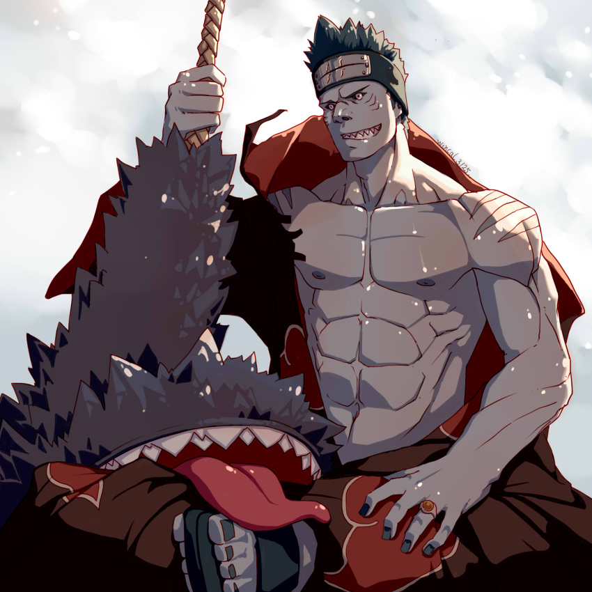 1boy abs absurdres akatsuki_(naruto) bare_pectorals blue_hair fins fish_boy forehead_protector grin hadanugi_dousa highres holding holding_sword holding_weapon hoshigaki_kisame jewelry male_focus muscular muscular_male naruto naruto_(series) navel nipples pectorals ring samehada_(naruto) sharp_teeth short_hair sitting smile snowing solo spiked_hair stomach sword teeth tongue tongue_out weapon wincalblanke