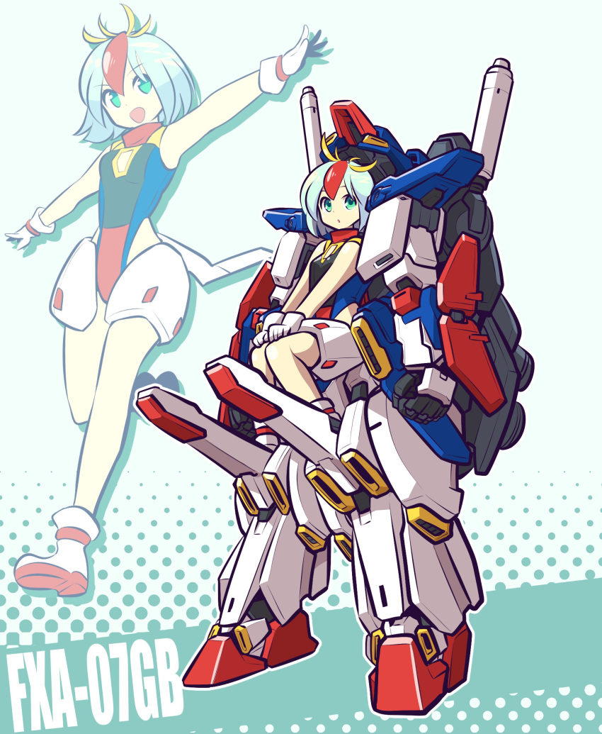 1girl absurdres beam_saber blue_hair core_fighter green_eyes gundam gundam_zz highres ishiyumi mecha personification sitting smile solo v-fin zz_gundam