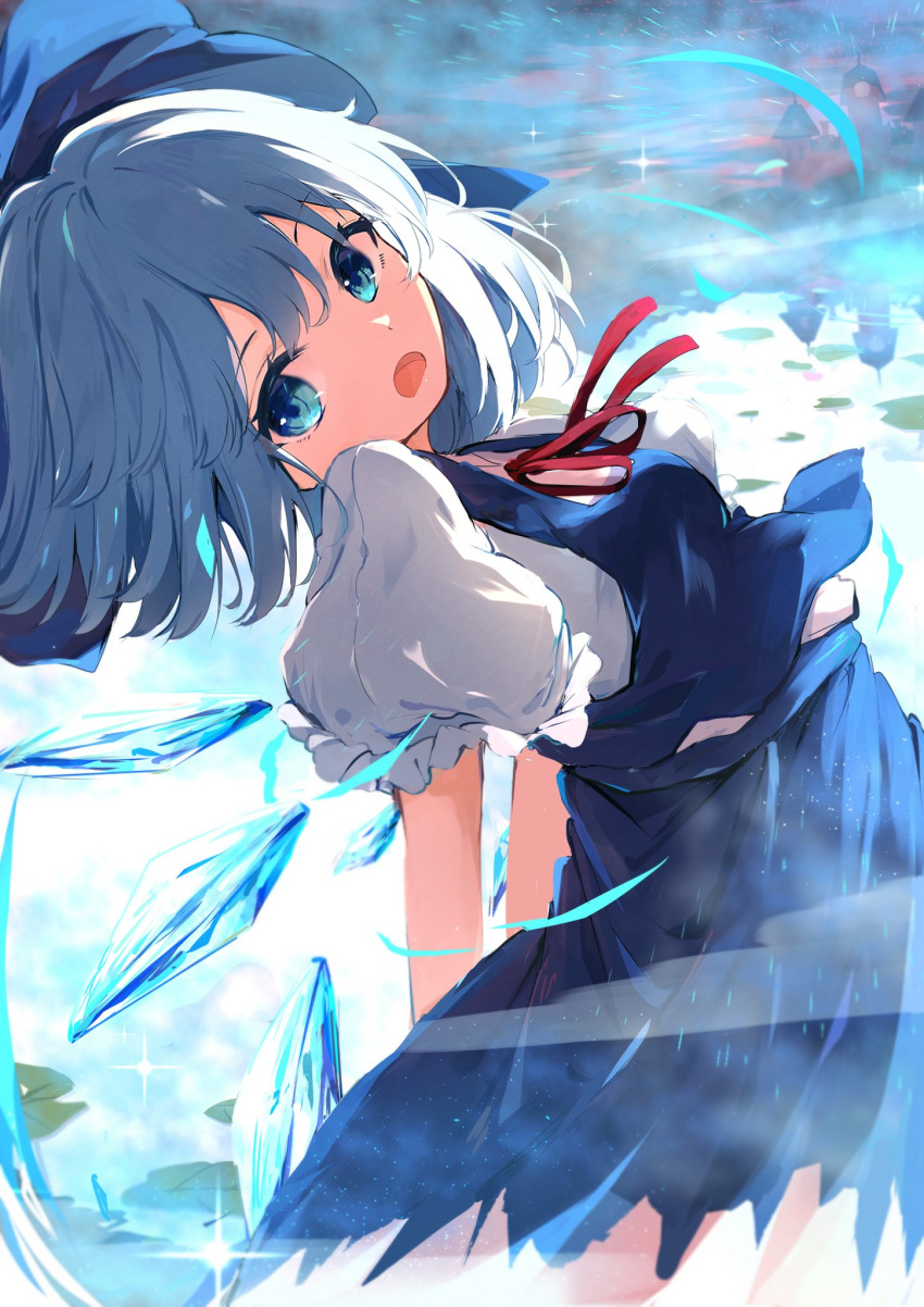 1girl bangs blue_bow blue_dress blue_eyes blue_hair bow bowtie breasts cirno cloud cloudy_sky collar collared_shirt dress eyebrows_visible_through_hair flying hair_between_eyes highres hunya ice ice_wings lake leaf light looking_to_the_side mansion medium_breasts open_mouth puffy_short_sleeves puffy_sleeves red_bow red_neckwear shadow shirt short_hair short_sleeves sky solo touhou water white_shirt white_sleeves wings