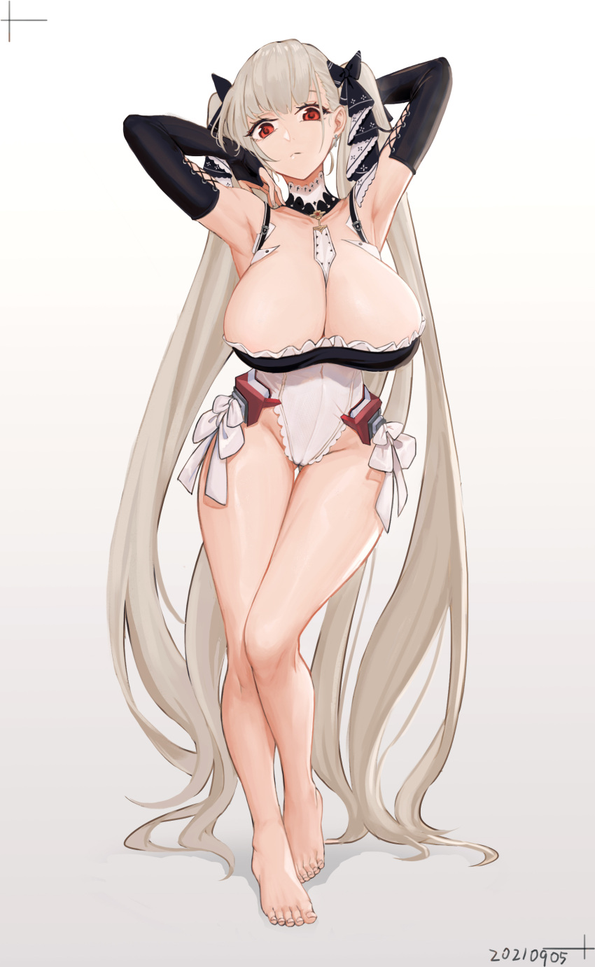 1girl absurdres armpits arms_behind_head azur_lane bangs barefoot black_bow black_gloves bow breasts cameltoe collarbone contrapposto covered_navel dated elbow_gloves formidable_(azur_lane) frilled_leotard frills full_body gloves grey_background hair_bow highres huge_breasts knees_together_feet_apart leotard long_hair looking_at_viewer panana red_eyes silver_hair simple_background solo standing twintails very_long_hair wide_hips