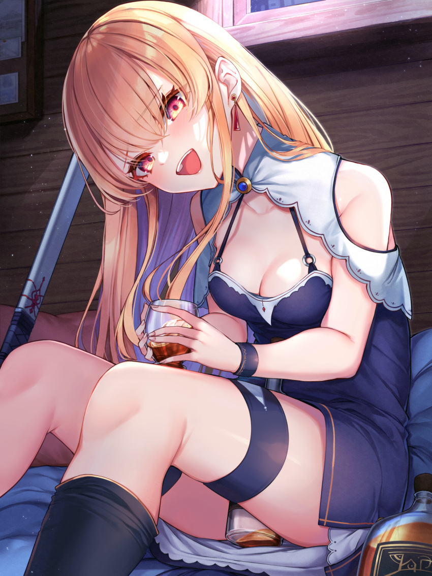 1girl alcohol bare_shoulders between_legs blonde_hair blue_dress bottle bracelet breasts brooch capelet cleavage cup dress drinking_glass earrings eyebrows_visible_through_hair glass_bottle halterneck highres holding holding_cup jewelry long_hair looking_at_viewer medium_breasts mizuiro_raika multicolored_hair o-ring o-ring_top open_mouth original purple_hair red_eyes short_dress sitting solo sword thigh_strap two-tone_hair weapon