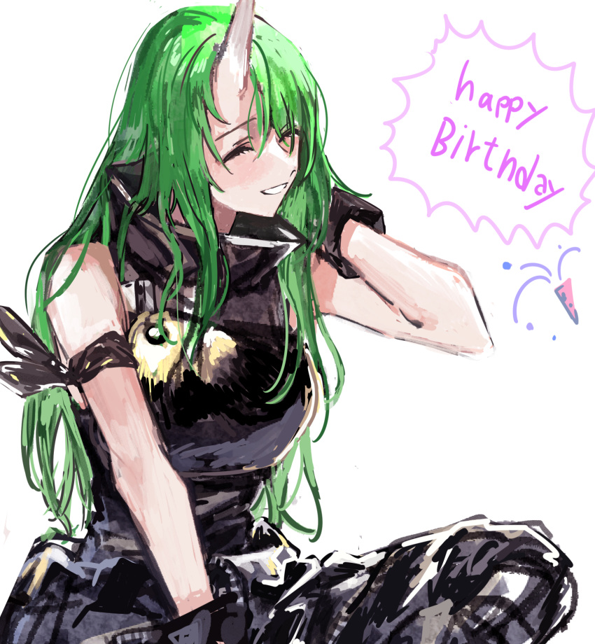 1girl arknights arm_scarf armor black_gloves black_pants breastplate closed_eyes commentary english_text gloves green_hair happy_birthday highres horns hoshiguma_(arknights) long_hair na_tarapisu153 oni_horns pants parted_lips party_popper shirt single_horn sitting sleeveless sleeveless_shirt smile solo