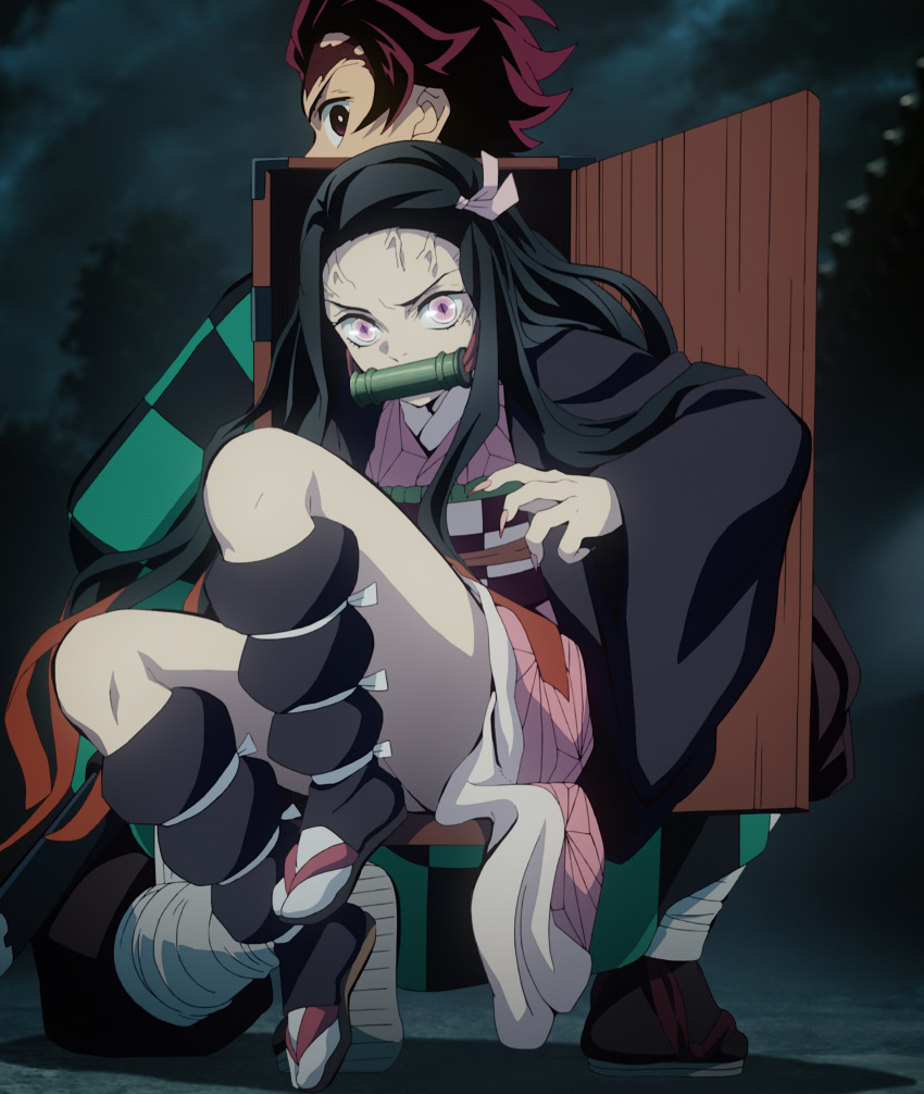 1boy 1girl bit_gag black_hair black_kimono bow brown_hair flower gag green_kimono hair_bow haori highres japanese_clothes kamado_nezuko kamado_tanjirou kimetsu_no_yaiba kimono long_hair looking_at_viewer looking_back multicolored multicolored_clothes multicolored_hair official_art pink_bow pink_eyes pink_kimono print_kimono red_hair scar scar_on_face screencap short_kimono sitting stitched ufotable veins very_long_hair