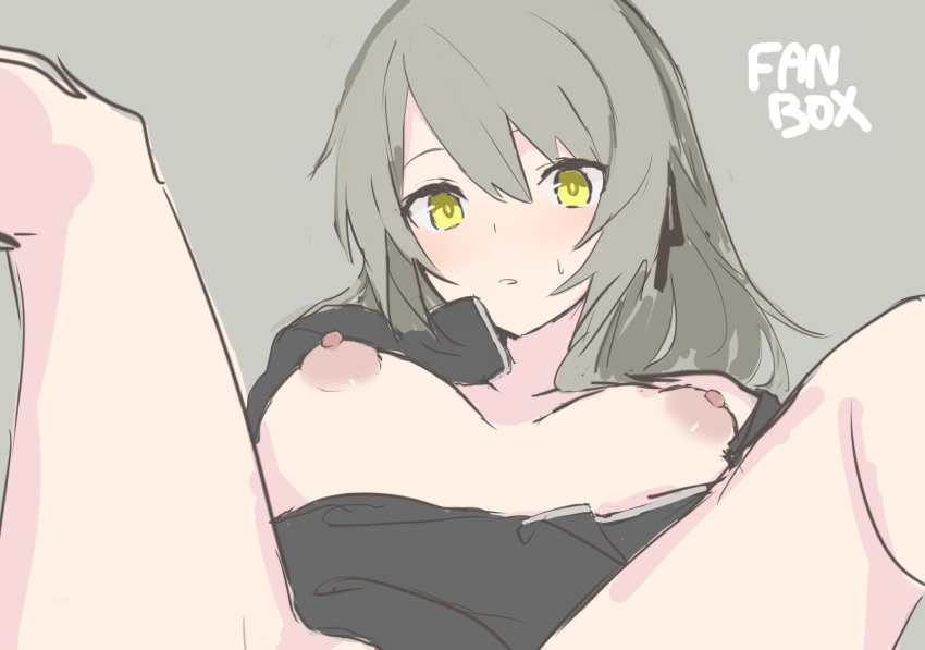 1girl blush breasts commentary_request feet_out_of_frame ff_frbb122 girls'_frontline grey_background grey_hair hair_between_eyes highres long_hair lying nipples parted_lips ribbon simple_background sketch solo spread_legs sweatdrop ump40_(girls'_frontline) yellow_eyes